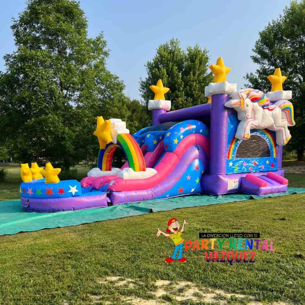“Bounce house rental for kids birthday parties in Columbus Indiana by Party Rental Vazquez with tables and chairs setup”
