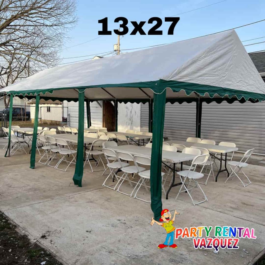 Rent a 13x27 green PVC tent, ideal for outdoor events. It offers greater resistance and protection against the sun and rain. Reserve your tent today!