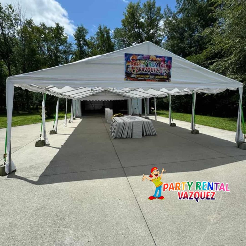 Spacious 20x40 PE tent rental for 96 guests, including 12 long tables and chairs, perfect for large weddings, corporate events, graduations, and outdoor parties in Columbus, IN.
