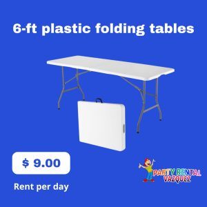 6 ft long tables are a practical choice for a wide range of events, from weddings and quinceañeras to corporate functions and family gatherings. These rectangular tables provide ample space for seating, food displays, or decorations