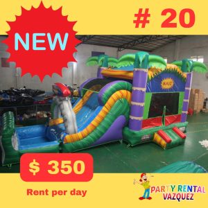 The MAUI Water Combo by Party Rental Vazquez is the perfect choice to bring tropical and refreshing fun to any event. This inflatable features an exciting water slide that includes a 25-foot hose with sprinkler, perfect for sliding and splashing.