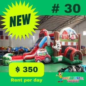 The Water Combo Farm by Party Rental Vazquez combines fun and adventure in a farm-themed inflatable, perfect for kids' parties and outdoor events. This inflatable features a water slide, a 25-foot hose with sprinkler for added sliding fun, and a charming design with farm animals and elements that will fascinate children.