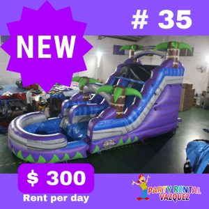 Water Slide 14 ft Purple Tropical – Tropical Themed Inflatable Water Slide, Perfect for Parties and Outdoor Events