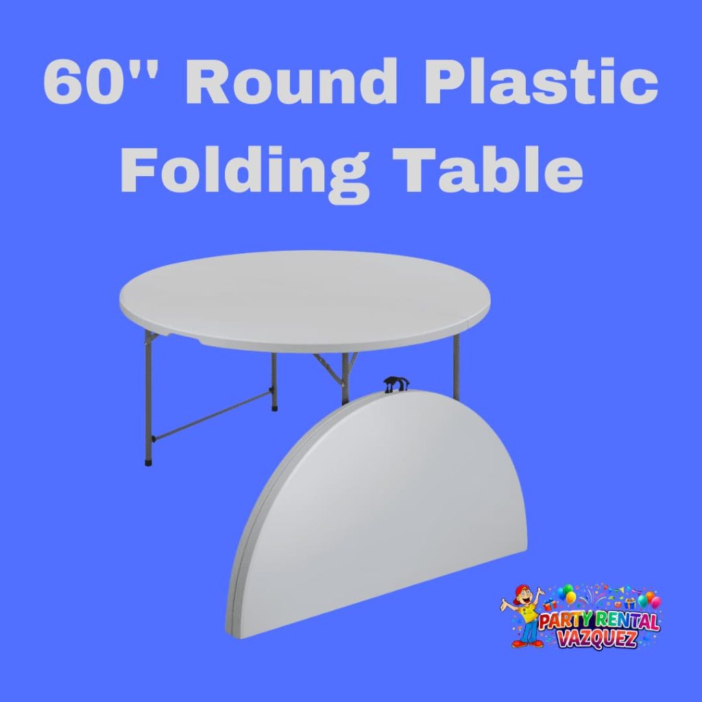 60-inch round plastic folding tables for rent in Columbus, Indiana, ideal for weddings, birthday parties, corporate events, and other gatherings, durable and easy to set up