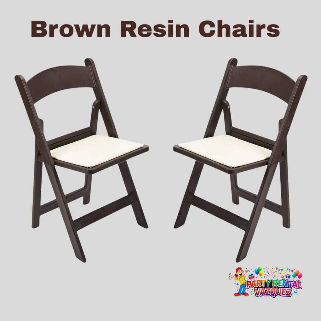Brown resin chairs for rent in Columbus, Indiana, providing comfortable and stylish seating for weddings, quinceañeras, birthday parties, and corporate events