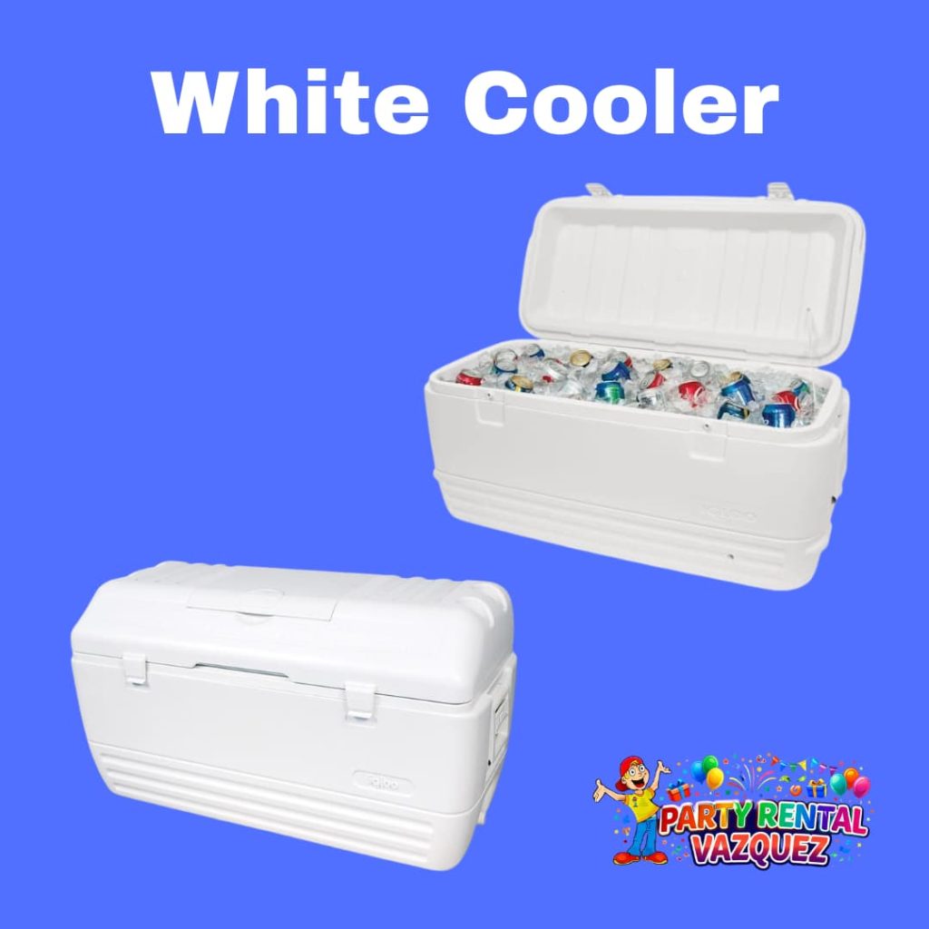 120-quart white cooler for rent in Columbus, Indiana, perfect for weddings, birthday parties, corporate events, and outdoor gatherings, durable and easy to use