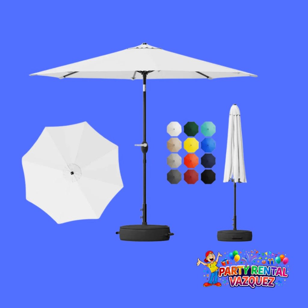 10-foot patio umbrella with sand base for rent in Columbus, Indiana, ideal for weddings, birthday parties, corporate events, and outdoor gatherings, durable and easy to set up