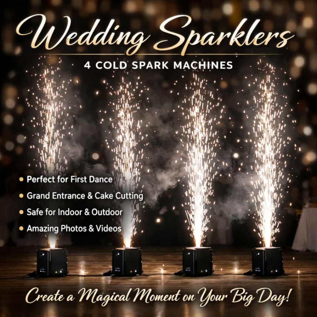 “wedding special effects in Columbus Indiana with cold sparks uplighting low fog and romantic first dance”