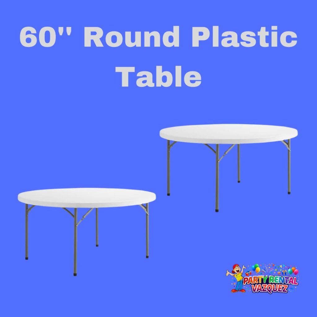 60-inch round plastic tables for rent in Columbus, Indiana, ideal for weddings, birthday parties, corporate events, and gatherings, durable and easy to use
