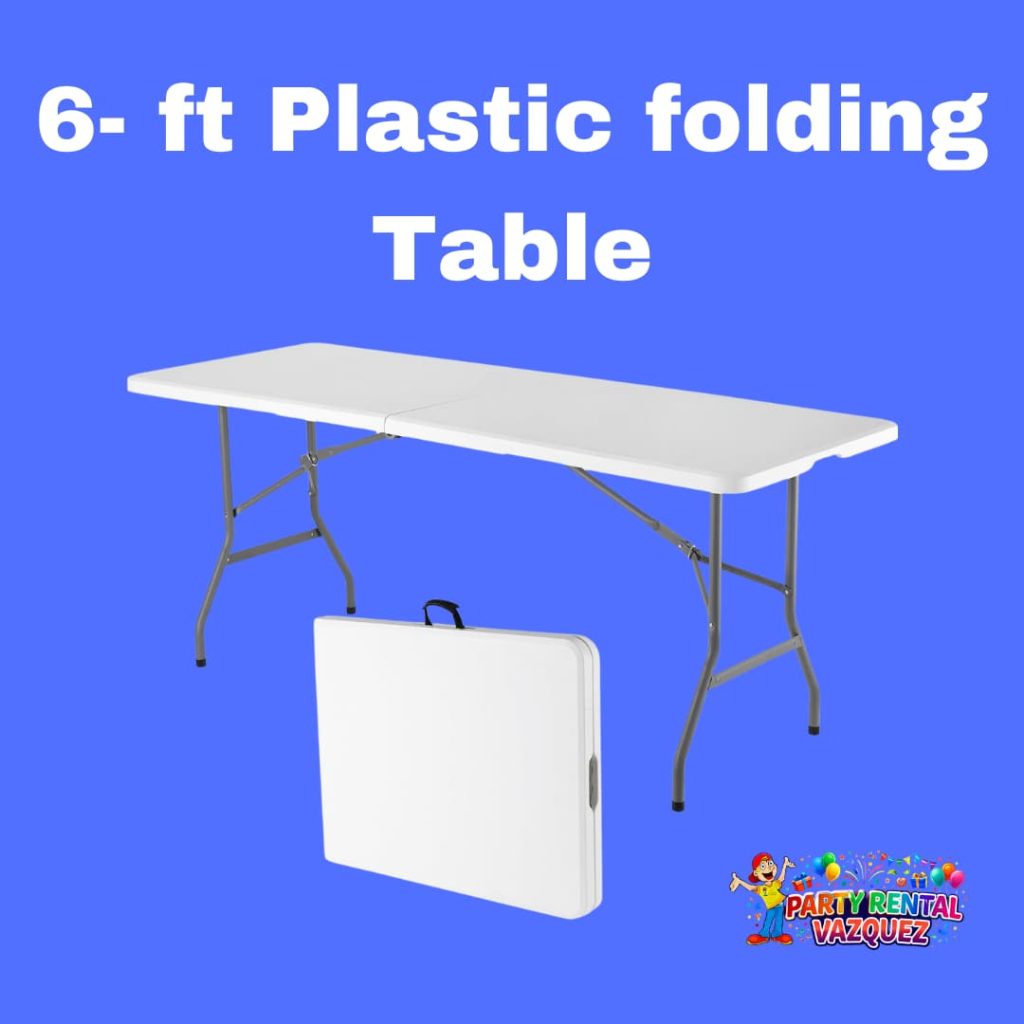 6-foot plastic folding tables for rent in Columbus, Indiana, perfect for weddings, birthday parties, corporate events, and private gatherings, durable and easy to use