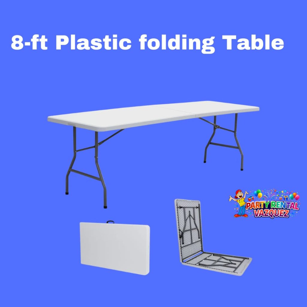 8-foot plastic folding tables for rent in Columbus, Indiana, ideal for weddings, birthday parties, corporate events, and private gatherings, durable and easy to use