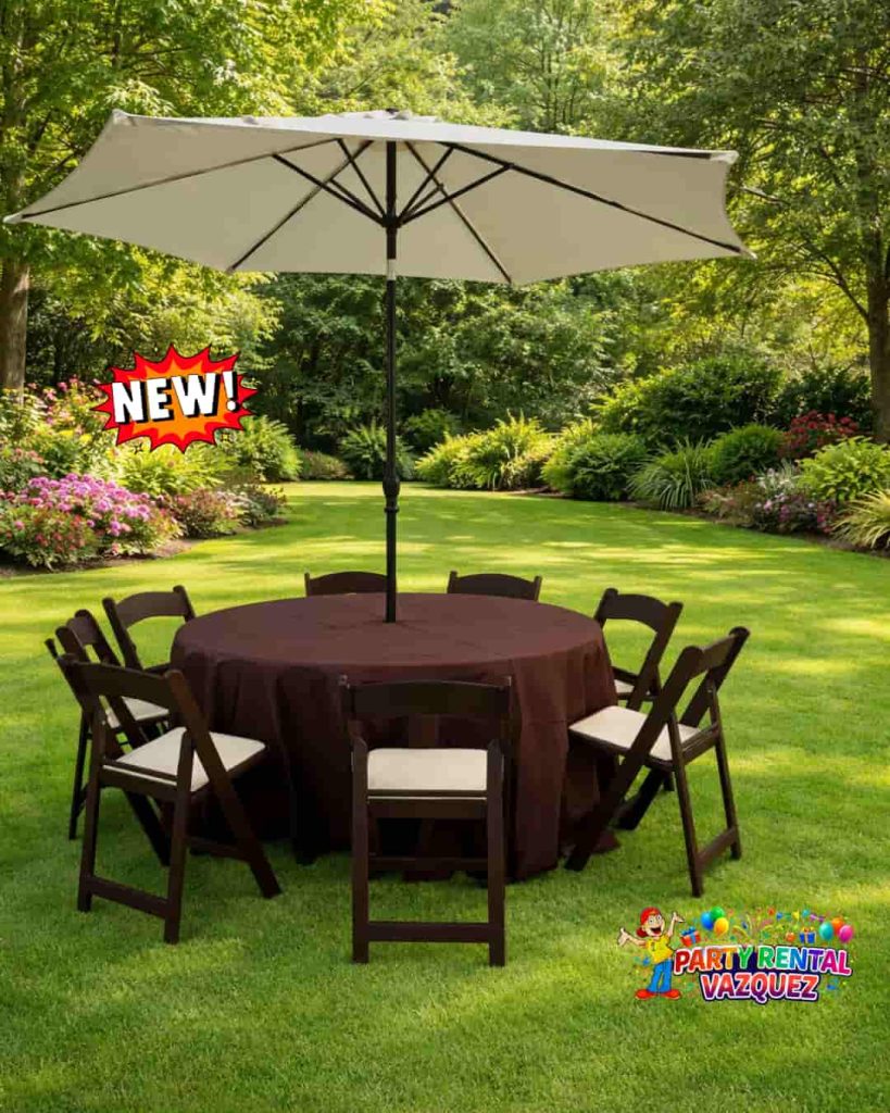 Round Table Set with Umbrella and Brown/Coffee Resin Chairs