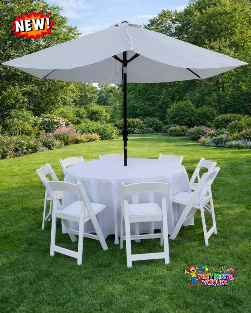 Round Table Set with Umbrella and White  Resin Chairs