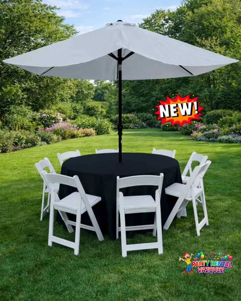 Round Table Set with Umbrella and White  Resin Chairs