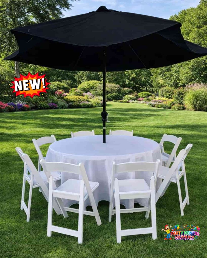Round Table Set with Umbrella and White  Resin Chairs