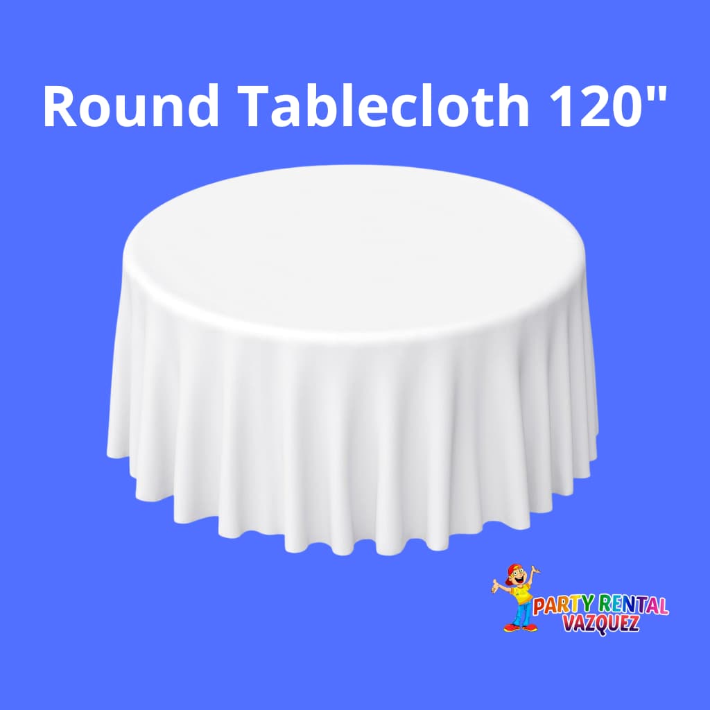 120-inch round white tablecloth for rent in Columbus, Indiana, perfect for weddings, birthday parties, graduations, and outdoor events, elegant, durable, and stylish