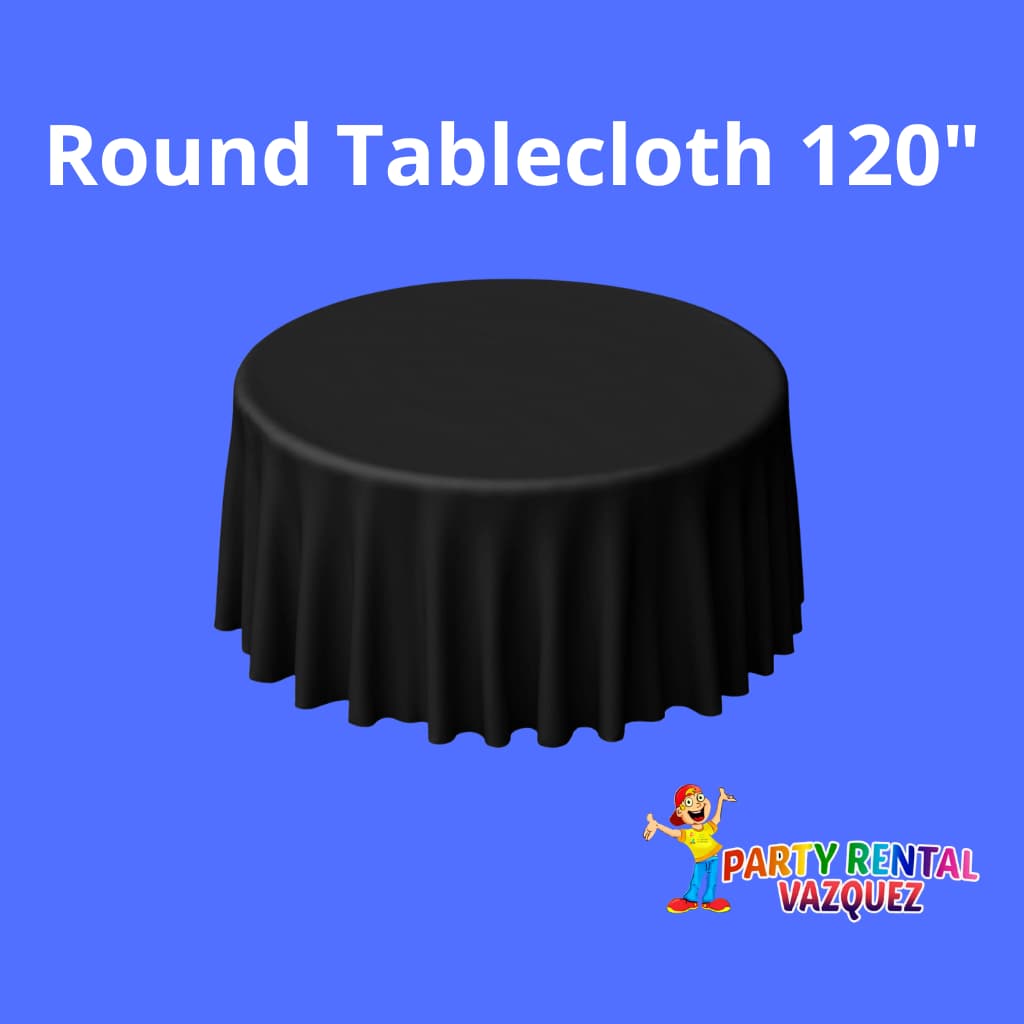 120-inch round black tablecloth for rent in Columbus, Indiana, ideal for weddings, birthday parties, graduations, and outdoor events, elegant, durable, and stylish