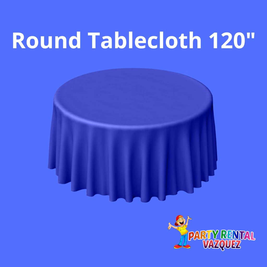 120-inch round royal blue tablecloth for rent in Columbus, Indiana, ideal for weddings, birthday parties, graduations, and outdoor events, elegant, durable, and colorful