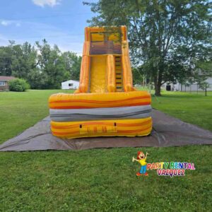 Large yellow water slide inflatable rental in Columbus, Indiana, perfect for backyard birthday parties, summer events, and family fun.