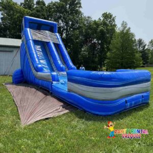 Large blue water slide inflatable rental in Columbus, Indiana, ideal for kids parties, outdoor fun, and summer event entertainment.