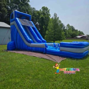 Bright blue inflatable water slide rental for kids parties and outdoor celebrations in Columbus, Indiana with exciting and safe summer entertainment.