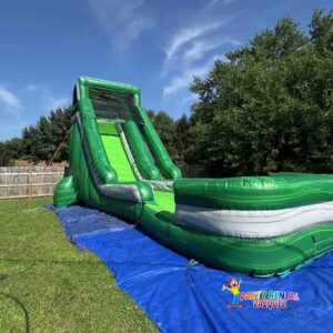Bright green inflatable water slide rental in Columbus, Indiana, ideal for kids parties, outdoor celebrations, and exciting summer entertainment.