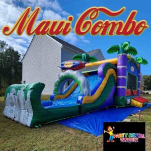Maui water combo inflatable rental in Columbus, Indiana featuring a tropical theme, bounce area, and water slide for kids birthday parties, summer events, and family fun.