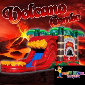 Bright Volcano water combo inflatable rental in Columbus, Indiana with water slide and jumping area, ideal for birthdays, celebrations, and summer entertainment.