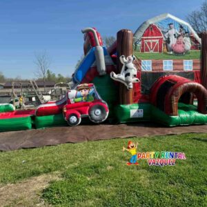 Farm water combo inflatable rental in Columbus, Indiana featuring bounce area and water slide, perfect for backyard birthday parties and family fun.