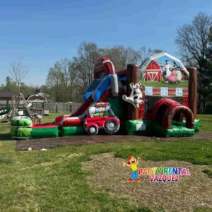 Colorful farm water combo inflatable rental in Columbus, Indiana with bounce house and water slide, great for backyard parties, birthdays, and summer family events.