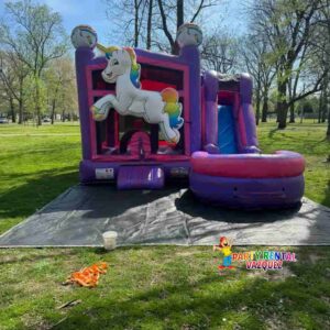 Unicorn themed water combo #28 inflatable rental in Columbus, Indiana with water slide and jumping area, ideal for birthdays and family gatherings.