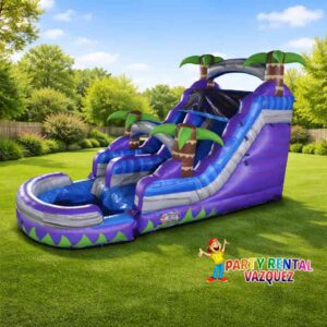 Large purple tropical water slide inflatable rental in Columbus, Indiana, perfect for backyard birthday parties, family gatherings, and summer fun.