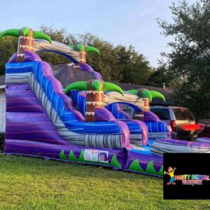 Bright purple tropical water slide rental in Columbus, Indiana, ideal for outdoor events, kids celebrations, and exciting water fun.