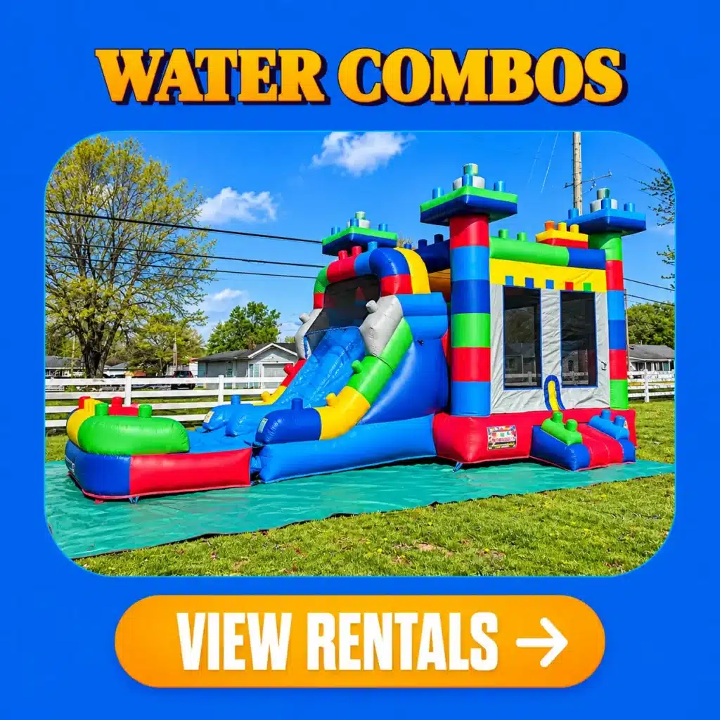 Water combo bounce house rentals with inflatable slides in Columbus, Indiana, perfect for birthday parties, summer celebrations, and outdoor events. Available from Party Rental Vazquez.