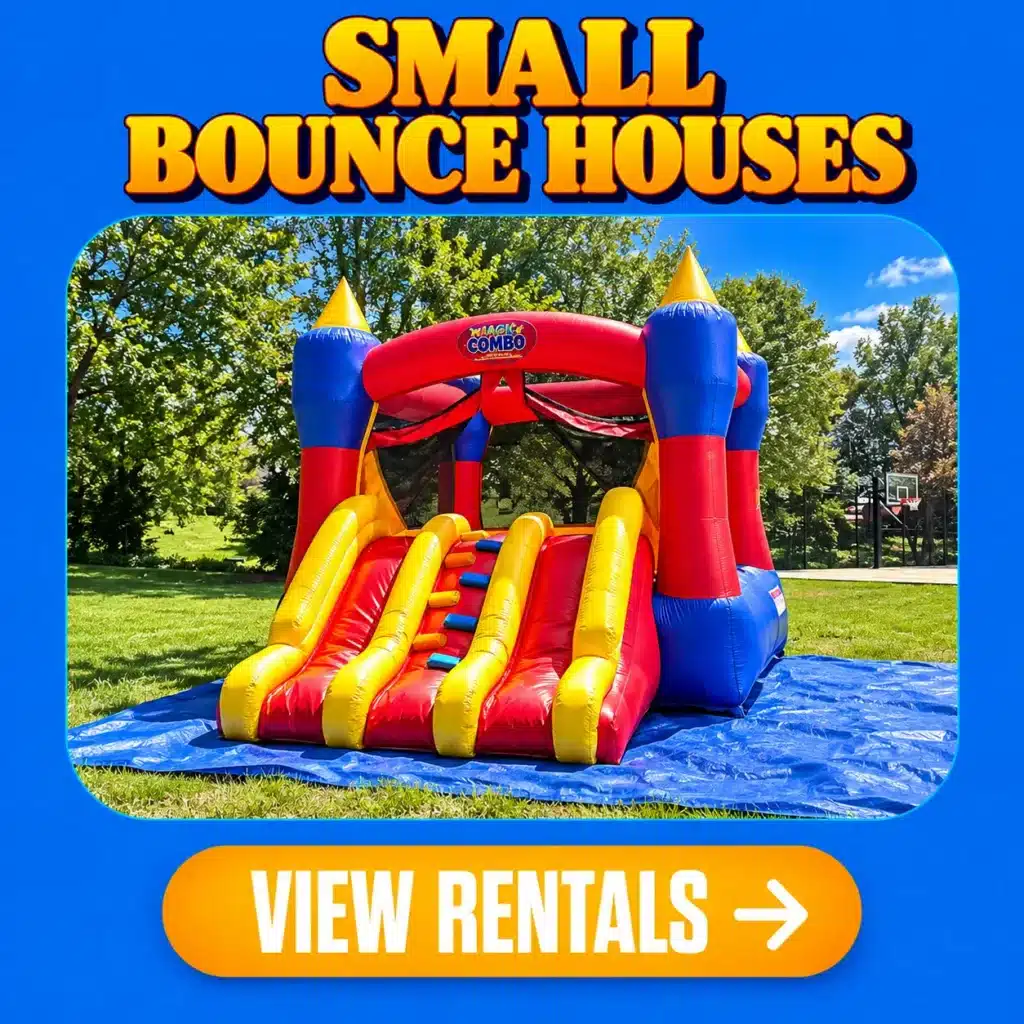 Small inflatable bounce house available for rent in Columbus, Indiana. Perfect for kids' birthday parties and backyard celebrations by Party Rental Vazquez. Nombre del archivo recomendado: