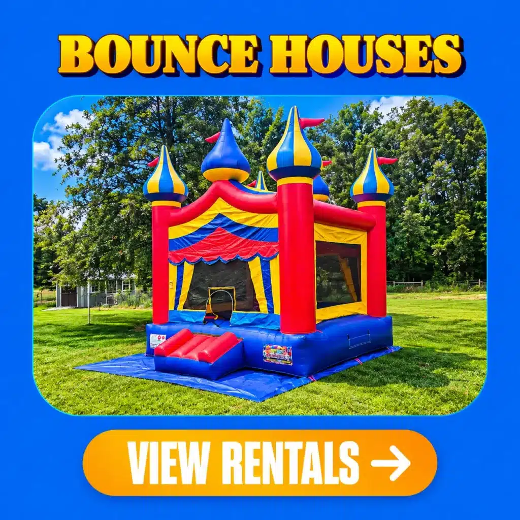 Colorful red, blue, and yellow castle bounce house available for rent in Columbus, Indiana, from Party Rental Vazquez.