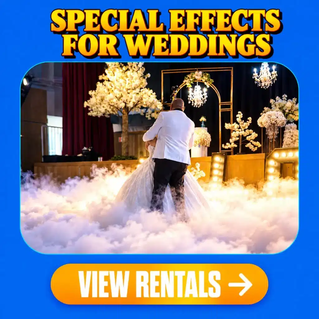 Wedding special effects rentals in Columbus, Indiana, featuring dancing on the clouds, cold spark fountains, and elegant lighting to create unforgettable moments at weddings and special celebrations by Party Rental Vazquez.