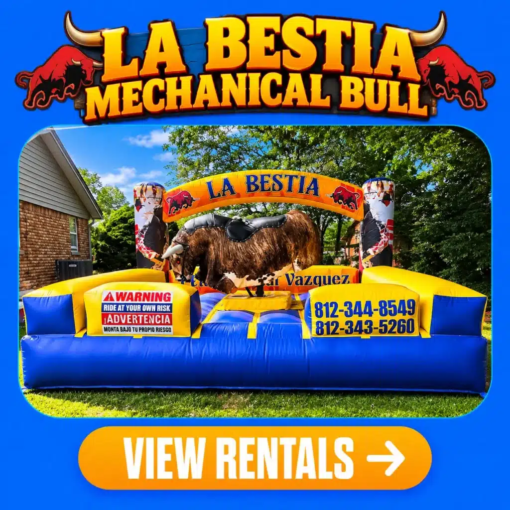 La Bestia mechanical bull rental in Columbus, Indiana, featuring an exciting mechanical rodeo bull with an inflatable safety arena for birthday parties, festivals, corporate events, and special celebrations by Party Rental Vazquez.