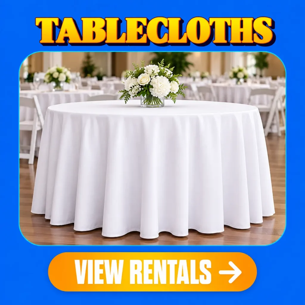 Tablecloth rentals in Columbus, Indiana, featuring elegant table linens for round and rectangular tables, perfect for weddings, quinceañeras, birthday parties, and special events by Party Rental Vazquez.