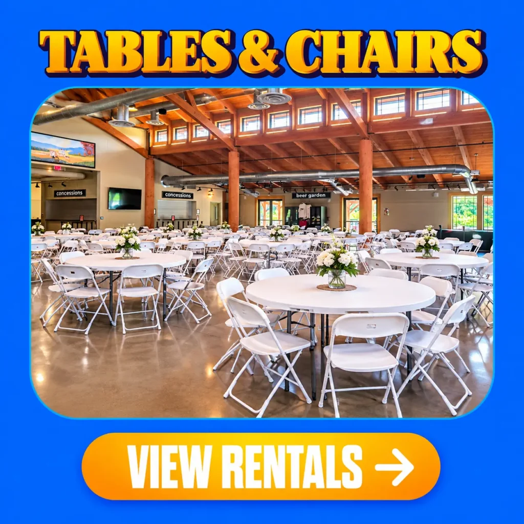 Table and chair rentals in Columbus, Indiana, featuring round tables and chairs for weddings, birthday parties, corporate events, and outdoor celebrations. Setup and takedown available from Party Rental Vazquez.