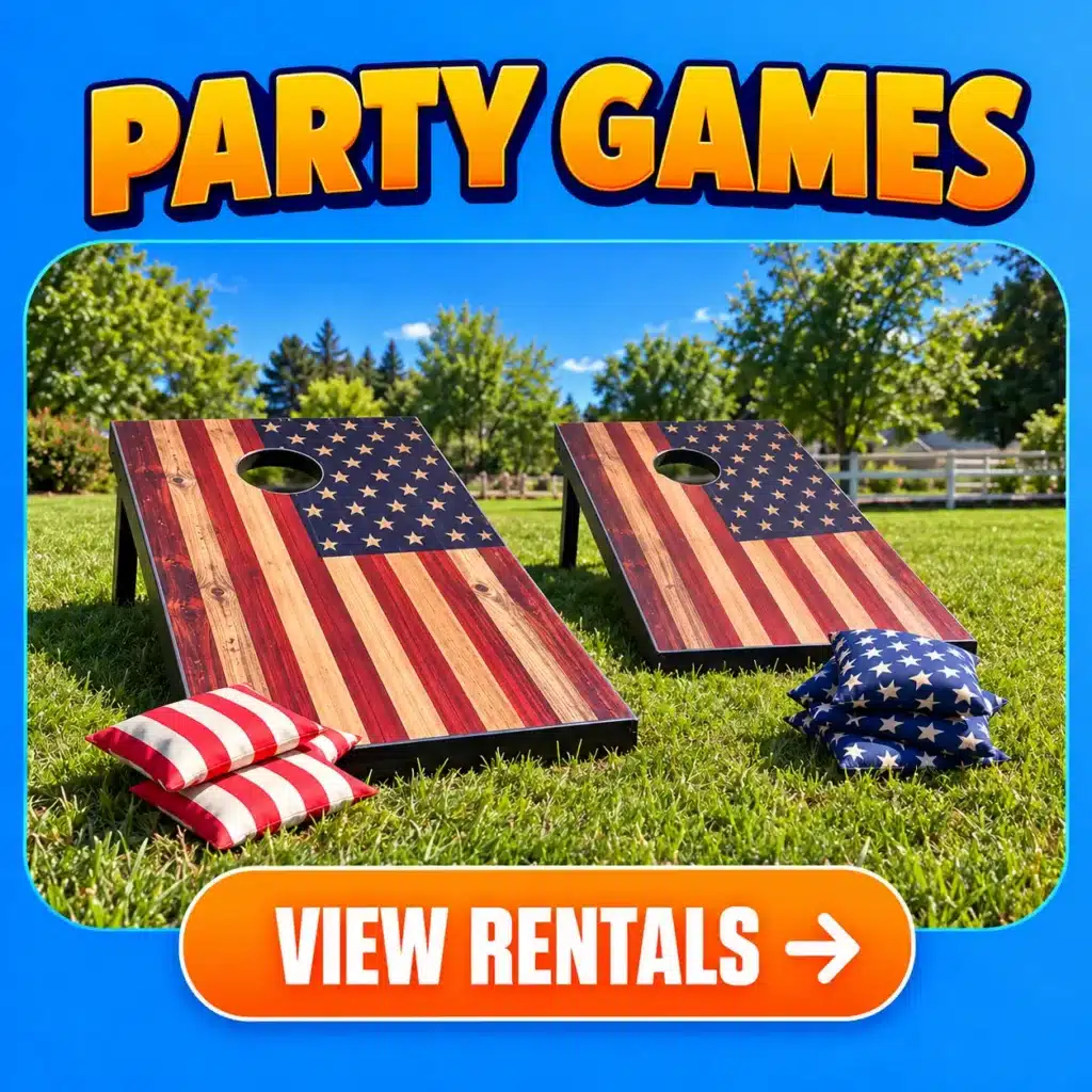 Party game rentals in Columbus, Indiana, featuring American flag-themed Cornhole boards and bean bags for birthday parties, weddings, corporate events, and outdoor celebrations by Party Rental Vazquez.