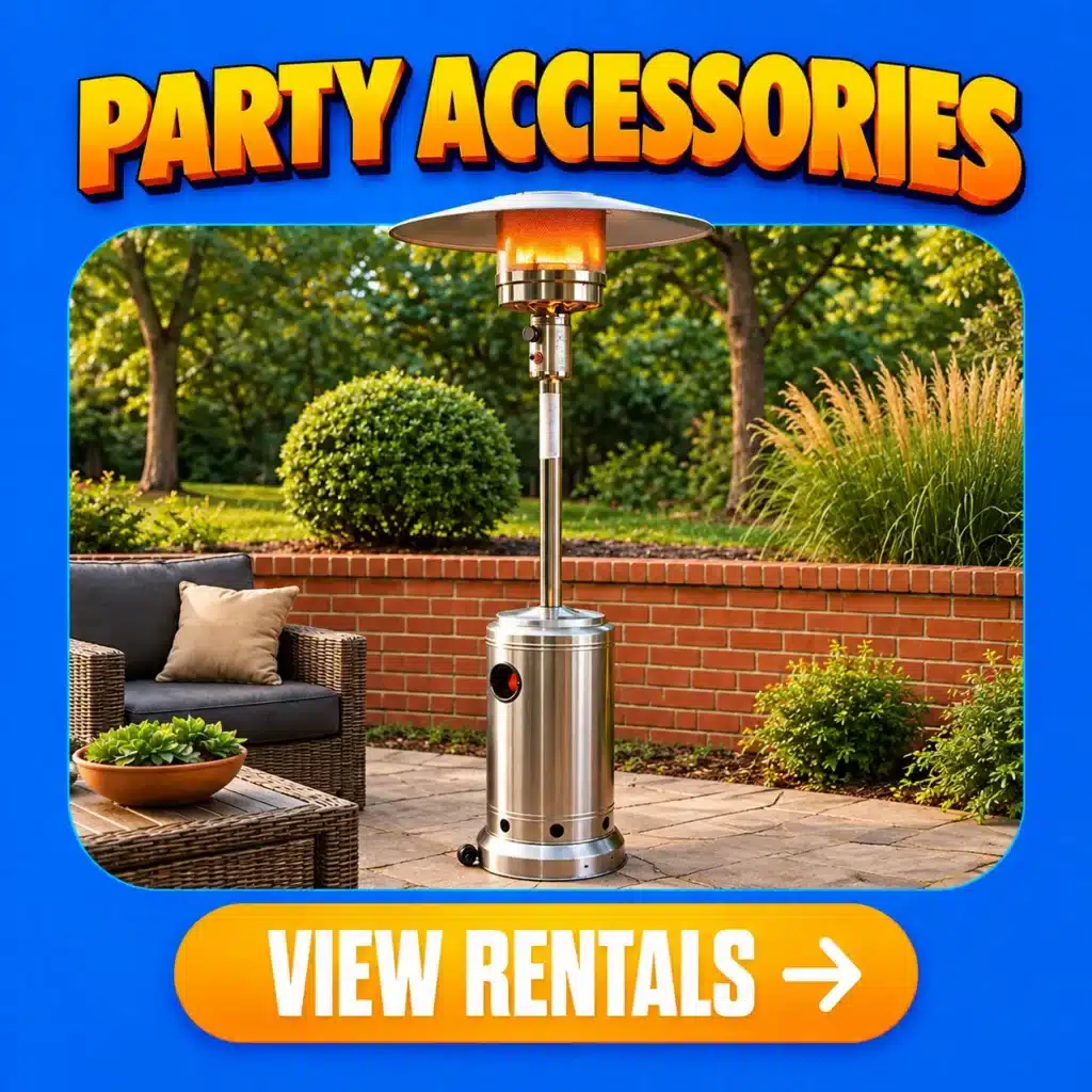 Party accessories rentals in Columbus, Indiana, featuring outdoor patio heaters and event accessories for weddings, parties, corporate events, and outdoor celebrations by Party Rental Vazquez.