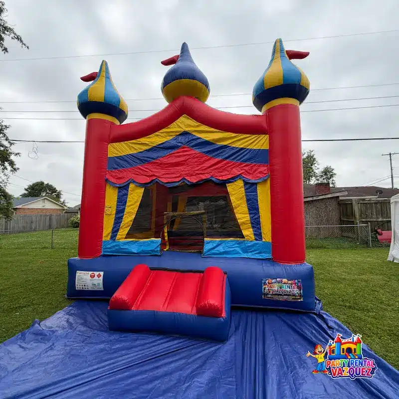 Colorful inflatable bounce house available for rent in Columbus, Indiana for kids birthday parties, school events and family celebrations.