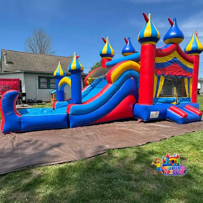 Inflatable water combo with bounce area and water slide for rent in Columbus, Indiana, perfect for kids parties, birthdays and summer celebrations.