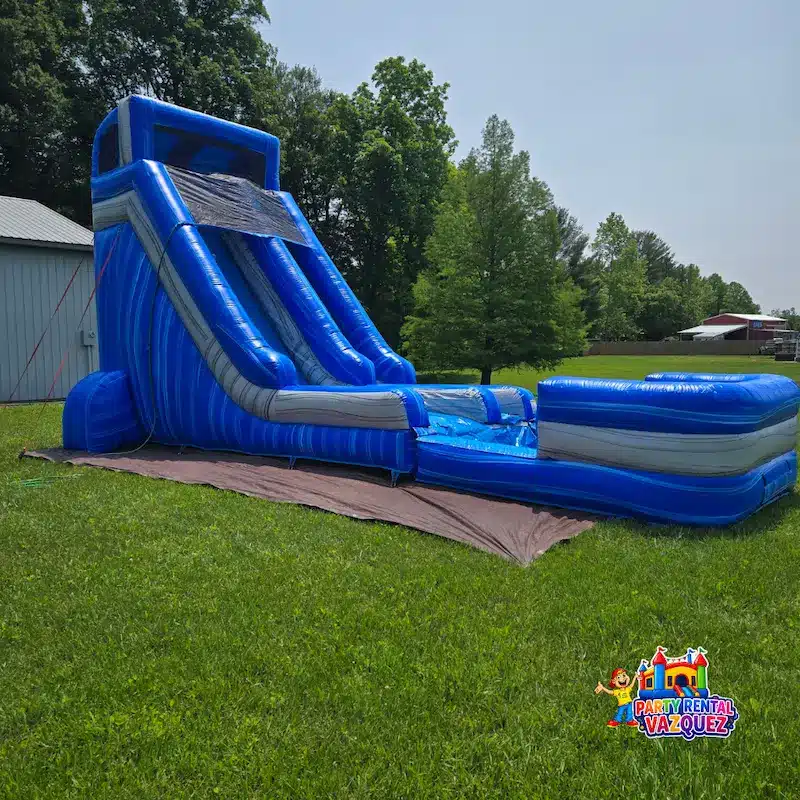 Blue inflatable water slide rental in Columbus, Indiana by Party Rental Vazquez, perfect for kids birthday parties, summer celebrations and outdoor events.