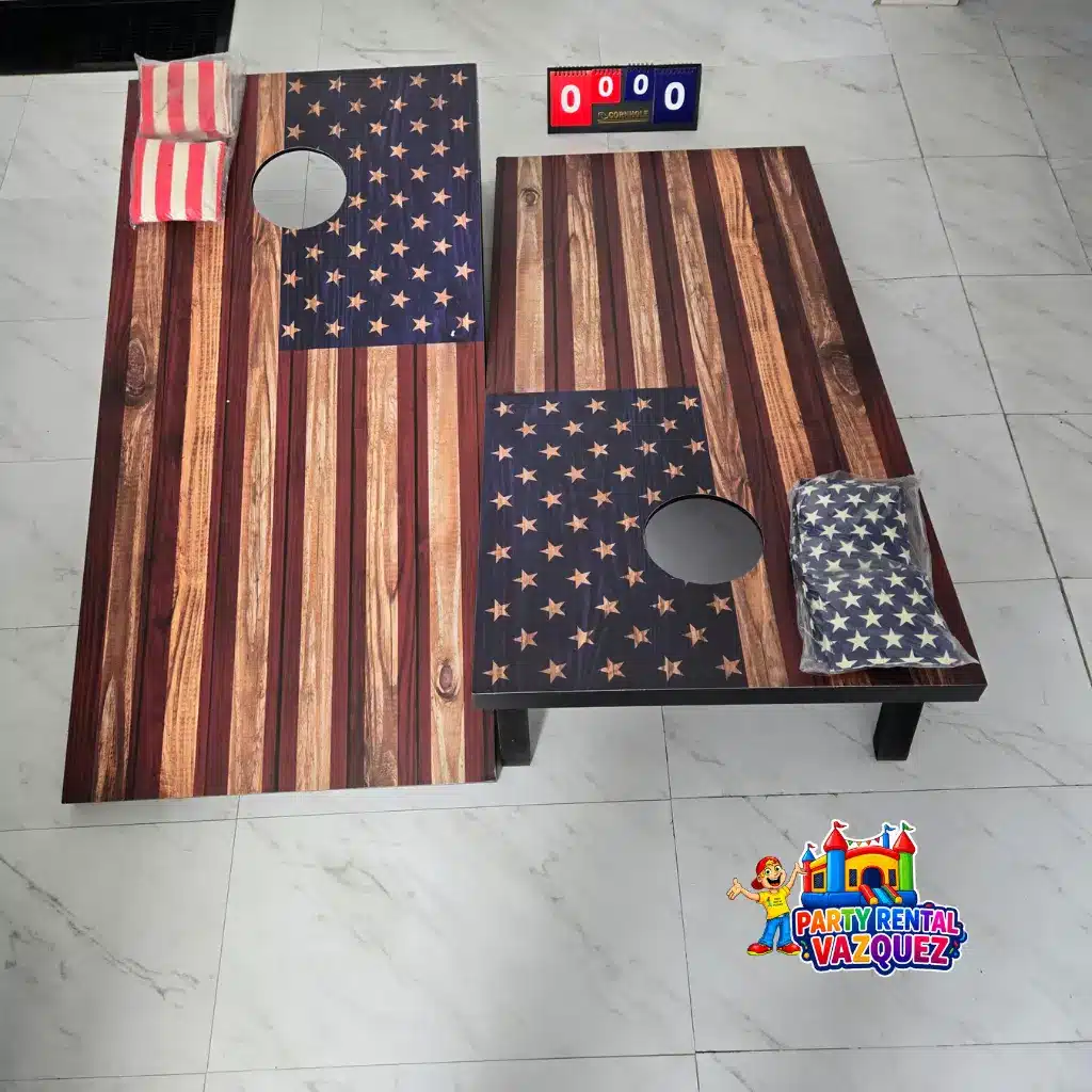 American flag cornhole game rental with wooden boards, bean bags, and scoreboard in Columbus, Indiana.