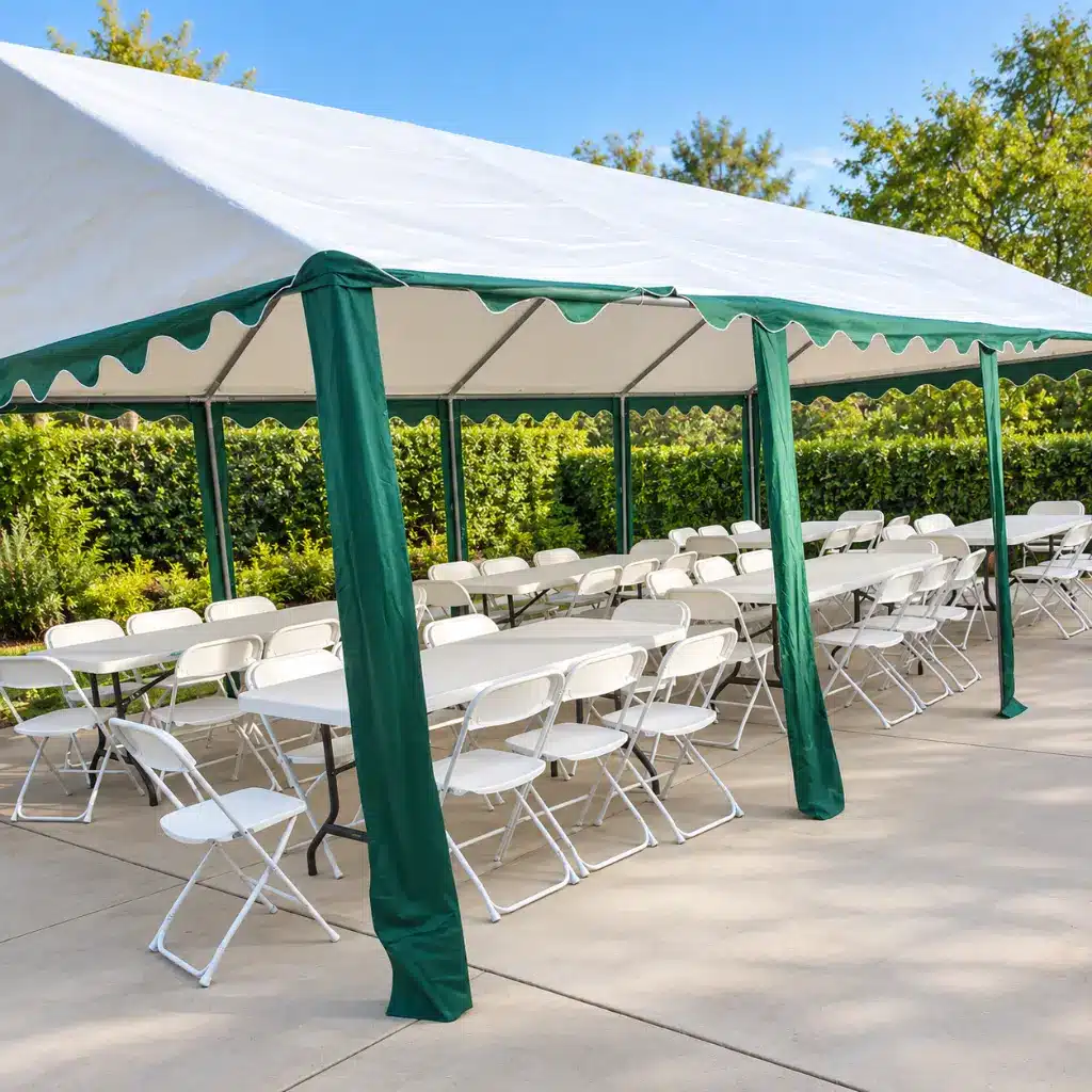 13x27 white PVC event tent rental with 6 long tables and 48 chairs for parties and outdoor events in Columbus, Indiana
