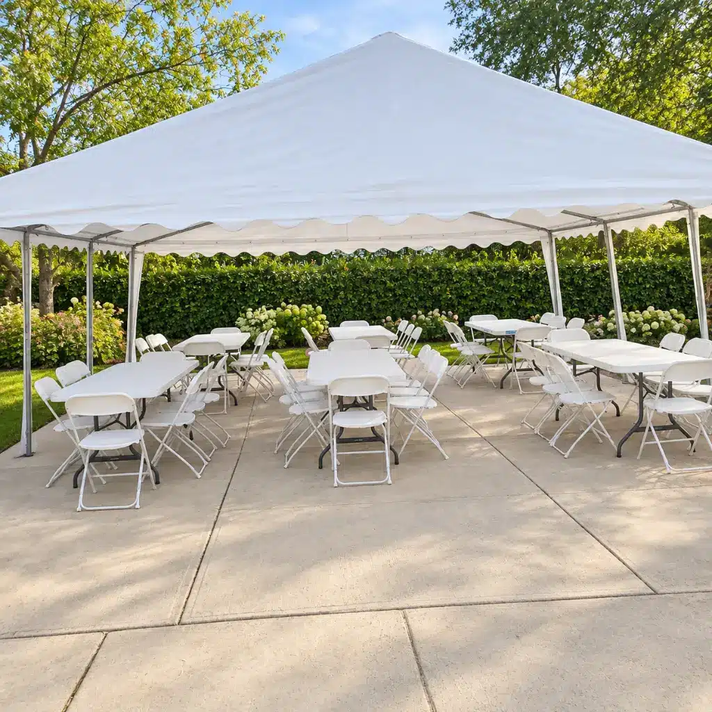 20x20 party tent rental with 6 long tables and 48 white folding chairs for graduation parties and family gatherings in Columbus, Indiana