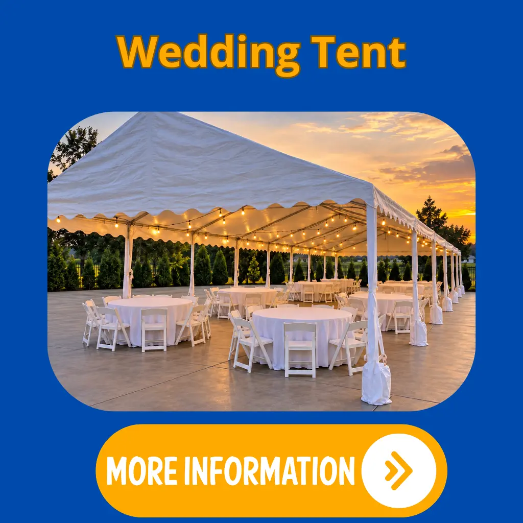 Bride and groom celebrating under a wedding tent with floral decorations in Columbus, Indiana.