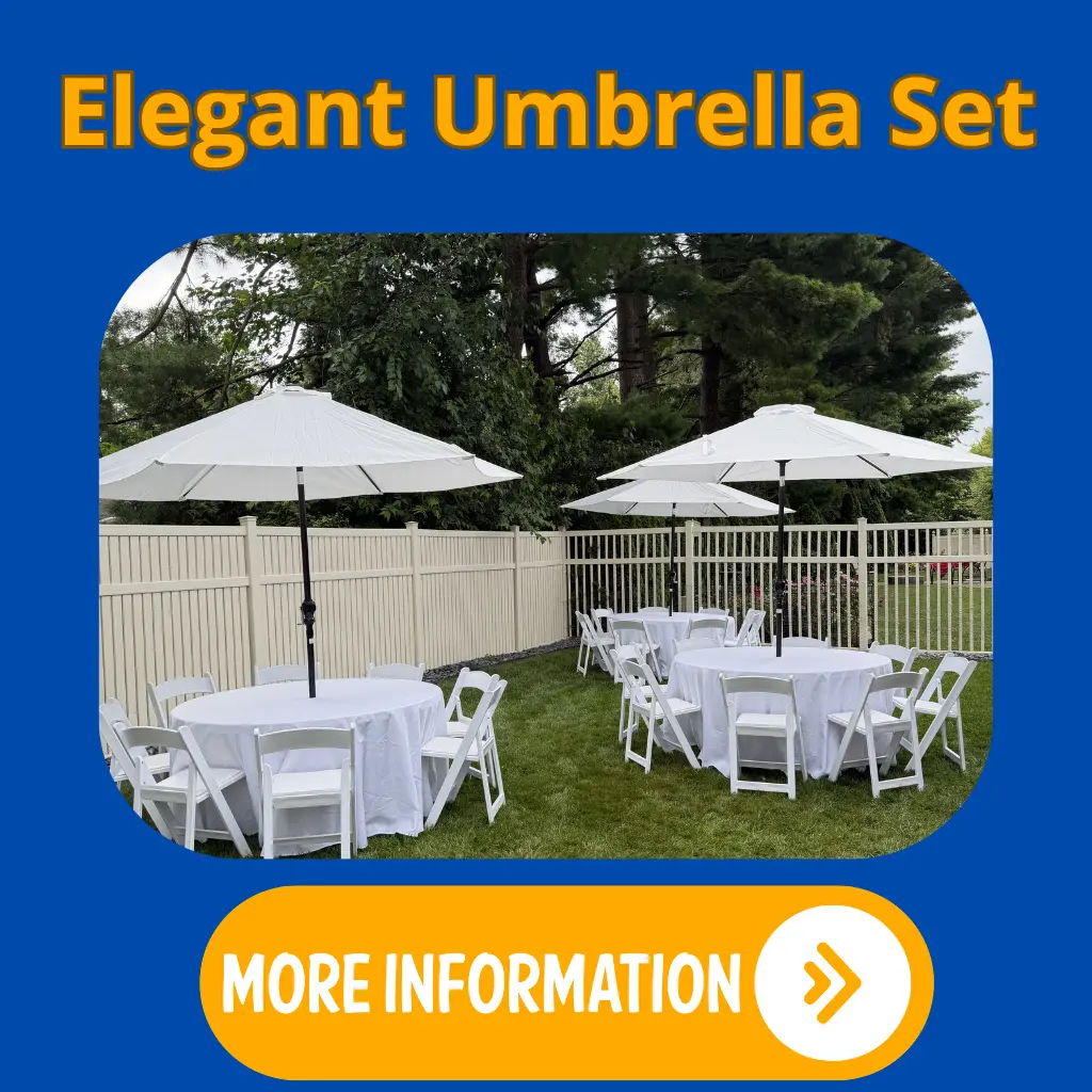 Outdoor umbrella set with a table and chairs for an event.